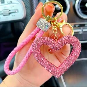 Pink/White Rhinestone 🩷-Shaped Bag Charm/Keychain w/Leather Rope Wristlet, NIP